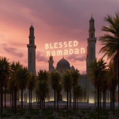 Evening view of a mosque with palm trees and a welcoming message