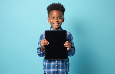 Happy African American boy holds blank digital tablet screen up. Kid smiles, looks forward, shows new tech device for learning. Young child presents modern educational app, website content. Little