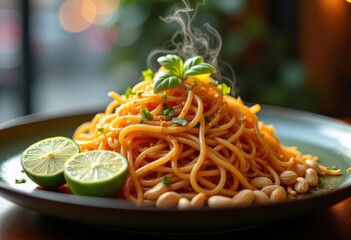 Lively Pad Thai Noodle Medley Burst of Peanuts and Lime Zest Vibrant Presentation