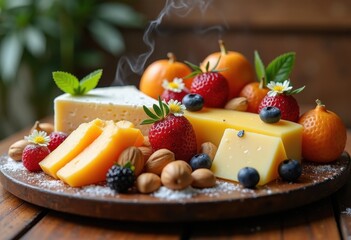 Lush Cheese Board Artistically Arranged with Artisan Fruits and Luxe Decor Elements