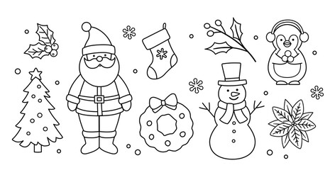Set of Hand drawn winter christmas outline, children's coloring pages and templates for kids.
Collection of cute Santa Claus, snowman, penguin, poinsettia, Christmas tree, wreath, red berries, holly.