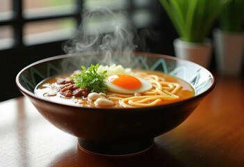 Ramen Bowl Featuring Gondola Wave of Broth Seamlessly Embracing Soft Boiled Egg Surrounded by Chopped Scallion Oils