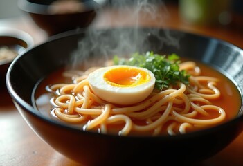 Ramen Bowl with Soft Boiled Egg Rich Broth and Fresh Tendril Garnish
