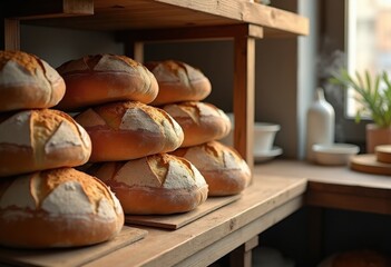 Rustic Sourdough Loaves Displayed in Chic Bakery Environment Warm Lighting Atmosphere Artisan Style