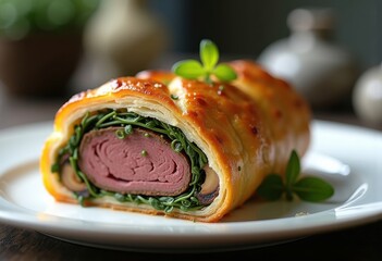 Savory Beef Wellington Puff Pastry Enclosed Tenderness with Rosy Mushroom and Herb Infusion