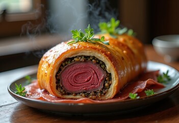 Savory Beef Wellington Puff Pastry Enveloped in Golden Crust with Mushroom Duxelles, Prosciutto, and Rich Filling