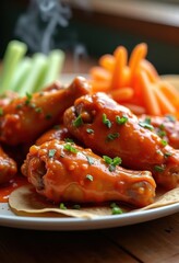 Savory Buffalo Chicken Wings Drenched in Fiery Hot Sauce Garnished with Celery and Carrots