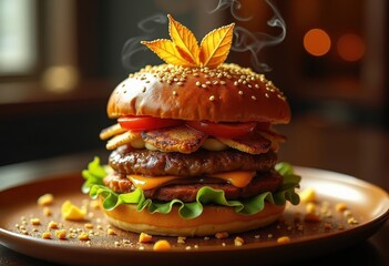 Luxurious Burger Experience Adorned with Golden Leaf and Opulent Accents in an Extravagant Dining Scene