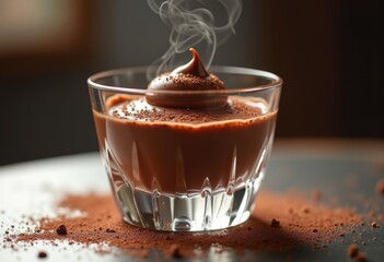 Luxurious Chocolate Mousse in a Sophisticated Glass Bowl Surrounded by Delicate Cocoa Dust Presentation
