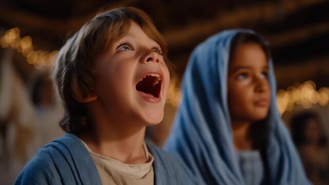 Children participating in a nativity play during a Christmas service, emotion of joy and excitement visible, symbolizing festive religious storytelling, holiday community engagement, and