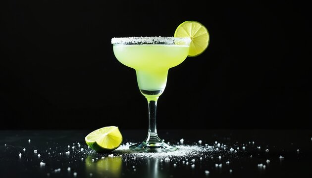 Green margarita cocktail in glass with salted rim, lime slice garnish. Fresh cold drink on dark surface, isolated with scattered salt crystals, perfect party.