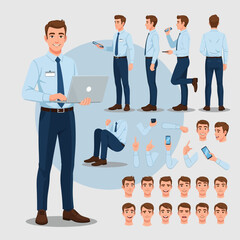 Businessman in various poses with laptop and expressions.