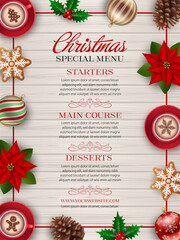 christmas menu flyer with  cappuccino cups, poinsettia flowers, gingerbreads and decorations on wooden background