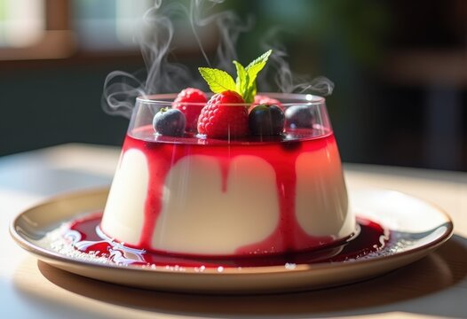 Silky Panna Cotta Drenched in Berry Coulis Drizzle with Artistic Swirls and Garnished Fruits Display