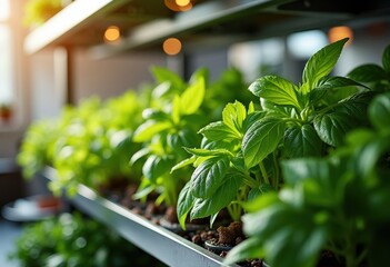 Luxury Restaurant Kitchen Featuring Vibrant Hydroponic Herbs Freshly Cultivated in Stylish Vertical Gardens