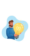 Man with beard holding a glowing light bulb, symbolizing new ideas and innovation.