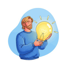 Man Holding a Brightly Glowing Light Bulb Symbolizing an Idea.