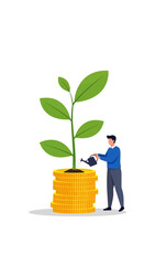 Man waters plant growing on coins representing financial growth.