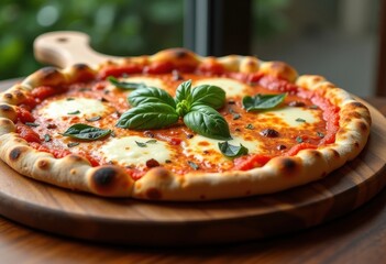 Margherita Pizza with Basil Leaves Cheese Tomato Crust Fresh Delightful Vision