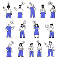 Set of diverse cartoon people characters with ideas and communication concepts.