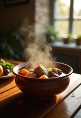 Steaming Beef Stew in Rustic Ceramic Bowl Nourishing Warmth Comfort Food