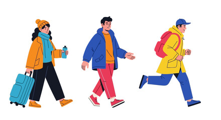 Three diverse individuals in winter clothing, walking and running, showcasing different travel styles and paces.