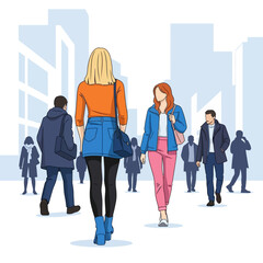 Woman in orange top and blue skirt walking in city.