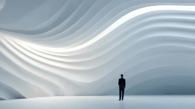 Captures solitary figure in suit contemplating dynamic, sculptural white wall with smooth curves. This scene symbolizes creativity, ambition, limitless possibilities future