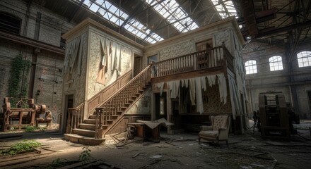 Interior of an abandoned two story building with a wooden staircase and sunbeams filtering through the dusty roof