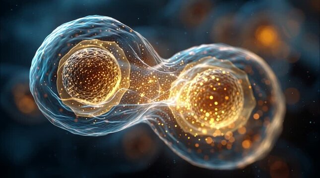 Ultra-detailed microscopic 3D visualization of two human cells merging membranes, exchanging light energy with bioluminescent blue and gold glow, cinematic scientific style and soft light diffusion.
