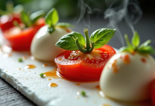 Mouthwatering Tomato Basil Mozzarella Combination Elegantly Presented on White Slate