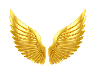 Obraz premium Golden angel wings with shiny metallic texture, isolated on transparent background, symbolizing freedom, spirituality, and fantasy in decorative and elegant style