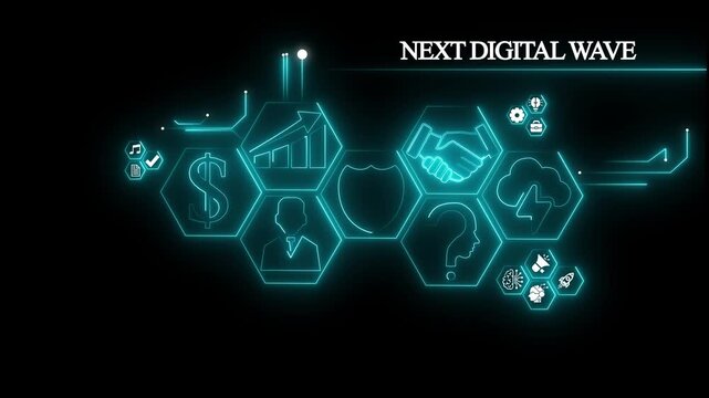Nextdigtal wave .concept global network digital with business icons, social network icons ,Beautiful motion waving dots map texture with glowing,interaction concept. Virtual network Technology.4K