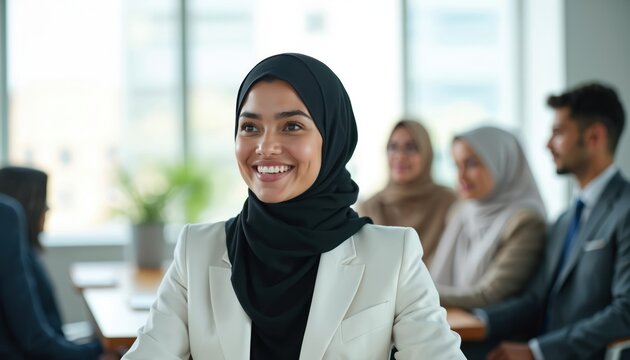 Young arabian woman in hijab smiles during business meeting. Colleagues sit at table in office. Diverse team discusses project ideas. Modern workplace collaboration. - Powered by Adobe