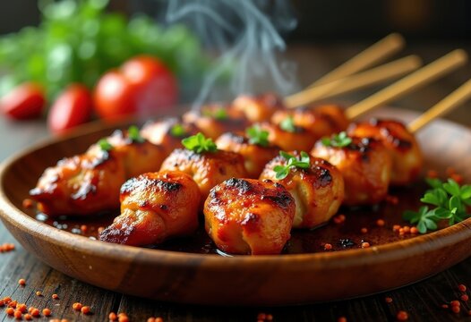 Sizzling Chicken Satay Skewers Glazed in Nutty Coating Vibrant Spices Caramelized Perfectly Grilled