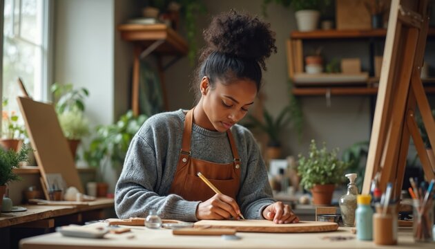 Young woman works on woodworking project in bright home studio. She sketches design on wood plank with pencil. Creative hobby, craft, artisan activity.