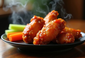 Spicy Buffalo Chicken Wings Garnished with Celery and Carrot Sticks on a Dramatic Black Plate