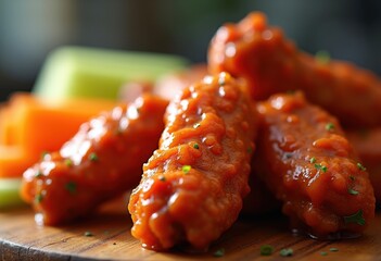 Spicy Buffalo Chicken Wings Glazed in Fiery Red Sauce on Wooden Board with Celery Sticks and Carrots