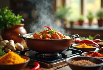 Spicy Chicken Curry on Fragrant Jasmine Rice Surrounded by Colorful Spice Ingredients