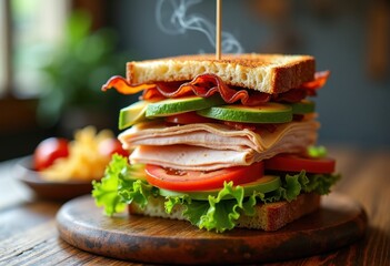 Stacked Turkey Club Sandwich Layers of Bacon Avocado Artisan Bread Crispy Leafy Greens Savory Filling