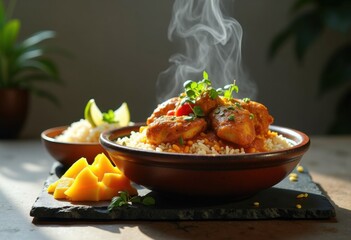Spicy Chicken Curry Piled Over Fragrant Basmati Rice Complements Bold Ingredients Vibrant Garnish
