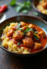 Spicy Chicken Curry in Aromatic Rice Emulsion Bright Garnish Colors and Scenic Presentation