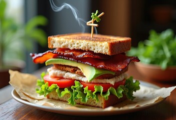 Stacked Turkey Club Sandwich Bacon Avocado Crisp Lettuce Tomato Layers Delicious Crunchy Sandwich Creation