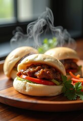 Steamed Bao Bun with Tender Braised Pork Belly and Fresh Pickled Vegetables