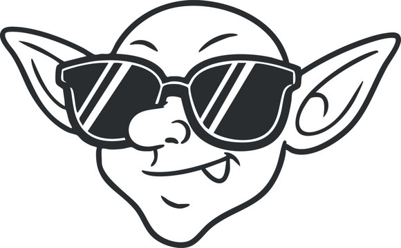 Playful cartoon goblin wearing sunglasses in a minimalist outline style, perfect for fun branding and design projects