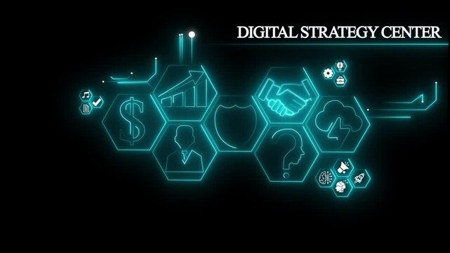 Digital str ategy center .concept global network digital business icons, social network ,Beautiful motion waving dots map texture with glowing,interaction concept. Virtual network Technology.4K