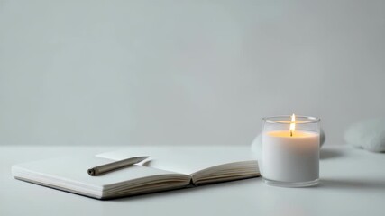 A tranquil scene featuring a blank notebook, sleek pen, and softly glowing candle on a clean white surface. Ideal for mindfulness, productivity, or peaceful home office vibes