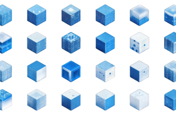 Grid of stylized blue cubes, isometric view, textured surfaces