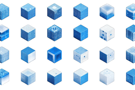Grid of stylized blue cubes, isometric view, textured surfaces - Powered by Adobe