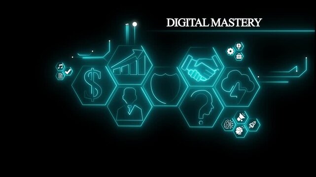 Digital mastery .concept global network digital with business icons, social network icons ,Beautiful motion waving dots map texture with glowing,interaction concept. Virtual network Technology.4K